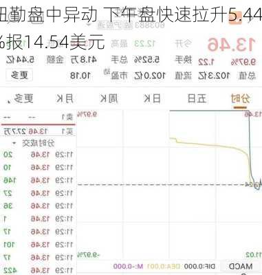 纽勤盘中异动 下午盘快速拉升5.44%报14.54美元