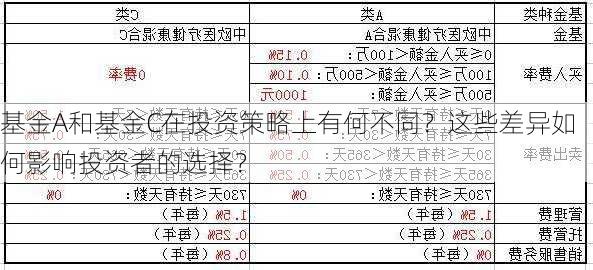 基金A和基金C在投资策略上有何不同？这些差异如何影响投资者的选择？