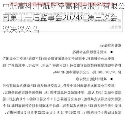 中航高科:中航航空高科技股份有限公司第十一届监事会2024年第三次会议决议公告